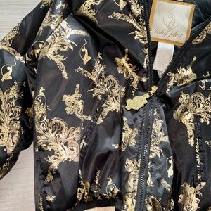 Baby Phat Black Jacket with Gold Baroque Print and Faux Fur Hood